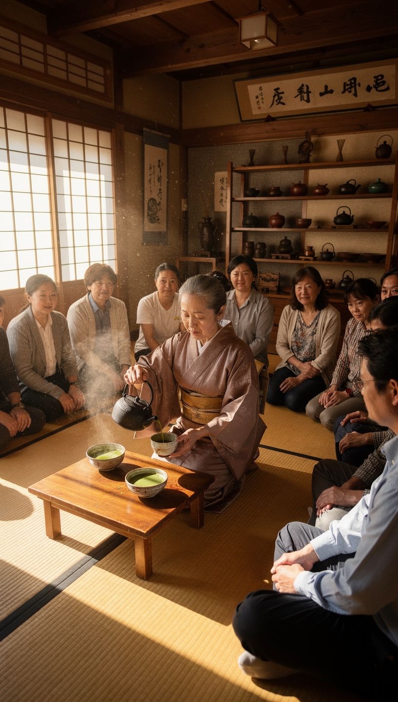 色鮮やかなティーカップに注がれた緑茶。