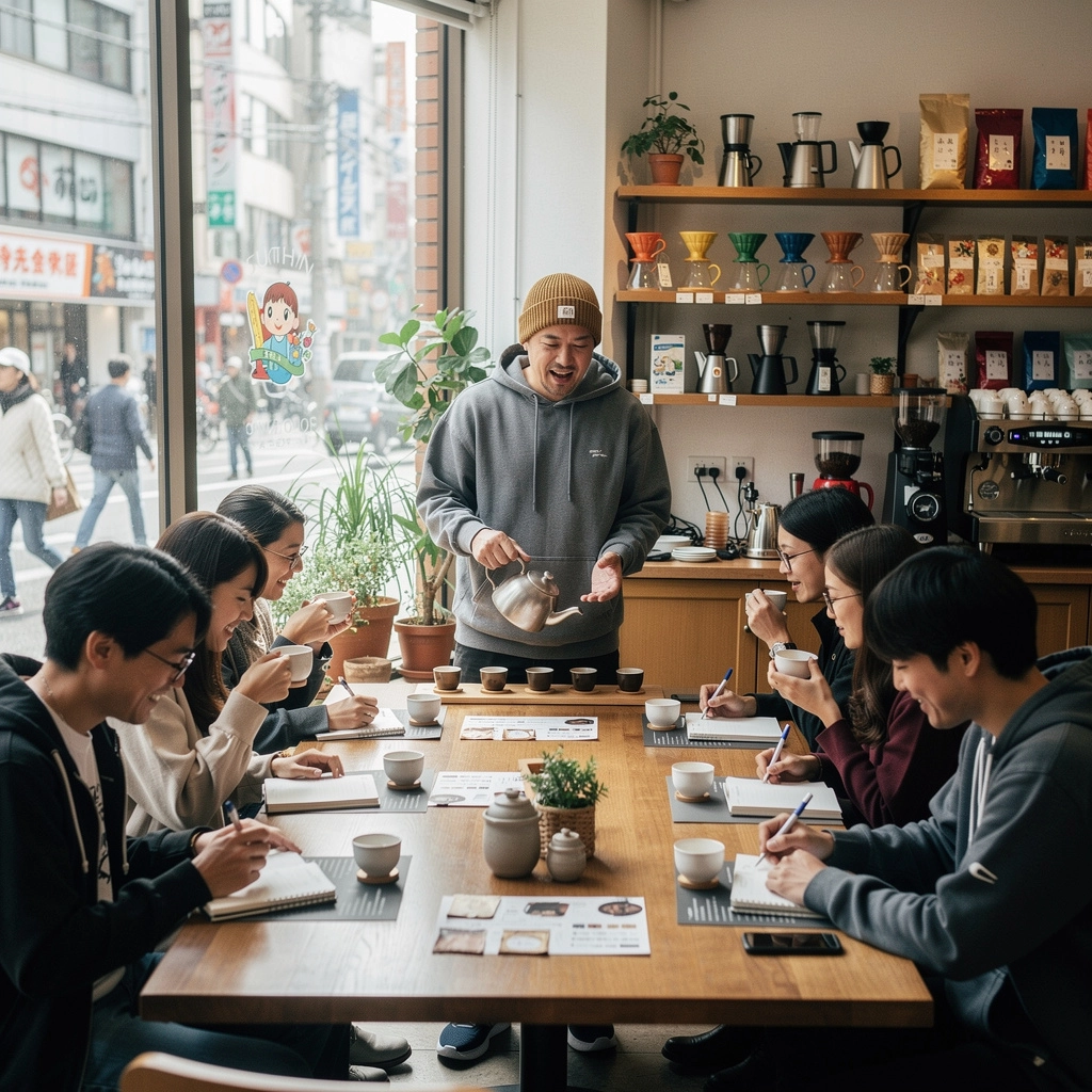 淹れたてのコーヒーがカップに注がれ、周りにスイーツが並べられたシーン。